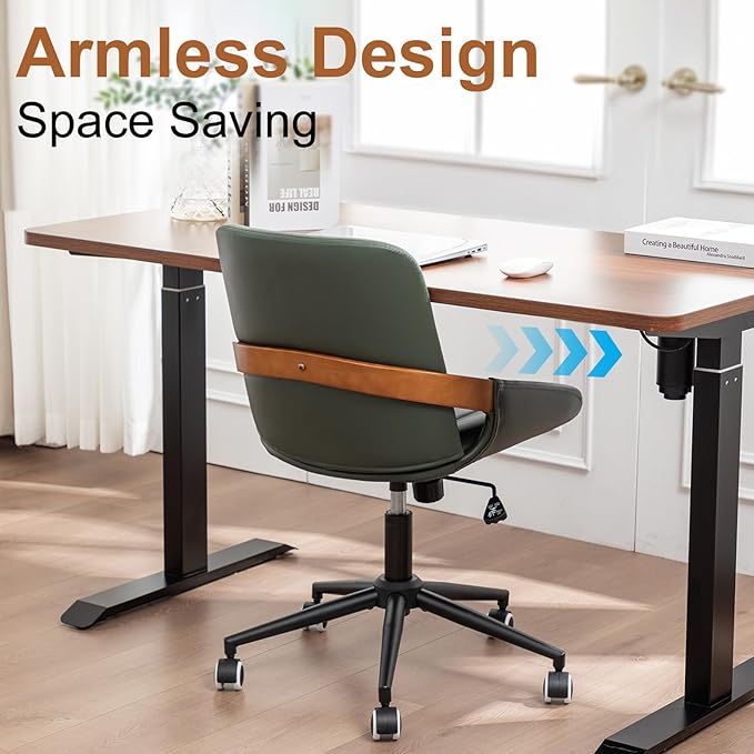 Small Home Office Chair No Arms,PU Leather Desk Chair with Wheels,Adjustable Height Work Chair,360° Swivel Computer Desk Chair for Office, Reading and Study (Green)