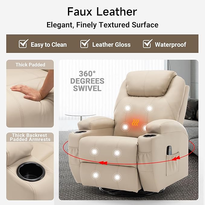 Recliner Chair, Rocking Chair with Massage and Heat, 360° Swivel Recliner Chairs for Adults, Rocker Manual Recliner with Remote Control and Cup Holder for Living Room, Bedroom, Nursery