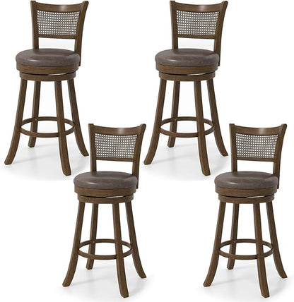 COSTWAY 30” Swivel Bar Height Barstool Set of 2, Rubber Wood Bar Stools with Rattan Backrest, Footrest, Upholstered Leathaire Armless Chairs for Kitchen Island, Pub, Brown (4, 30” Seat Height)