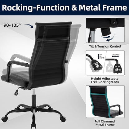 Office Chair, Ergonomic Executive Conference Room Chairs, Ribbed Leather Desk Chair with Lumbar Support, Adjustable Height Mid-Back Swivel Chair with Padded Seat and Square Tube Armrests