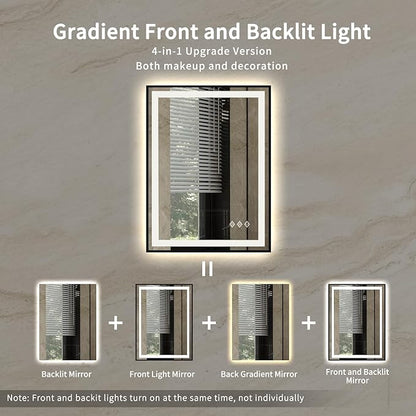 LED Bathroom Mirror, 24x32 Inch Black Framed Gradient Front and Backlit LED Mirror for Bathroom, 3 Colors Dimmable CRI>90, Enhanced Anti-Fog Wall Mounted Lighted Vanity Mirror