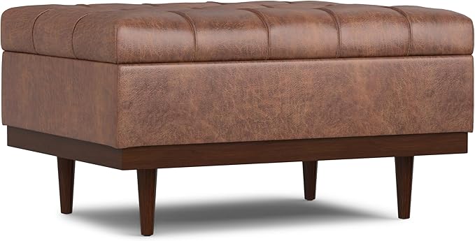 SIMPLIHOME Mariah 34 inch Wide Contemporary Rectangle Coffee Table Storage Ottoman in Distressed Saddle Brown Vegan Faux Leather, Assembled, For the Living Room, Entryway and Family Room