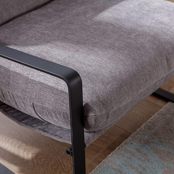 Mid-Century Accent Chair, Comfy Linen Fabric Side Chair with Armrest, Upholstered Leisure Chair with Black Metal Frame for Living Room Bedroom Reception Room, Grey