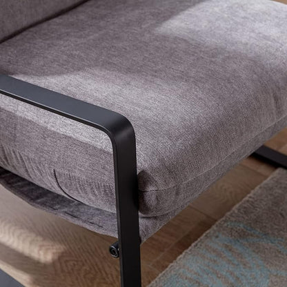 Mid-Century Accent Chair Set of 2, Comfy Linen Fabric Side Chair with Armrest, Upholstered Leisure Chair with Black Metal Frame for Living Room Bedroom Reception Room, Grey