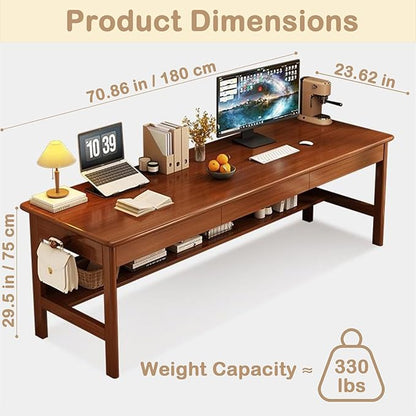 70.86" Long Solid Wood Desk with 3 Drawers Home Office Computer Desk Mid Century Modern Large Study Writing Desk Simple Real Wood Desk Study Table Workstation, Walnut
