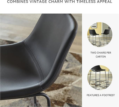 Signature Design by Ashley Centiar Casual Pub Height Bucket Seat Upholstered Bar Stool with Metal Base, Set of 2 , Faux Leather, 30" Seat Height, Black