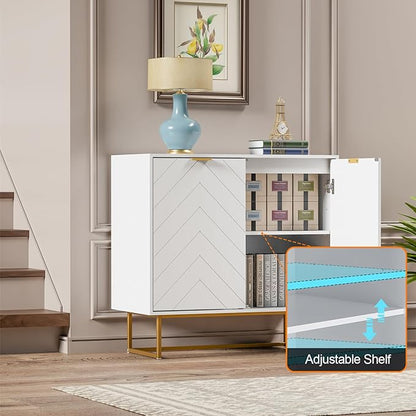 Scurrty Sideboard Buffet, Storage Cabinet with Golden Legs, White Sideboard Storage Cabinet with 2 Doors and Adjustable Shelf, Accent Cabinet for Living Room, Kitchen