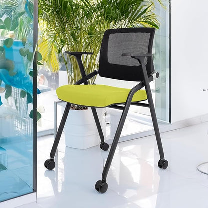 4 Pack Foldable Office Chairs with Wheels, Mesh Back, Arms and Portable - Folding Office Chairs for Conference Room Chair, Office Guest & Reception & Meeting Chair - (Green) 300 lbs.