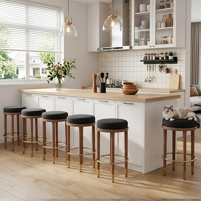 26'' Rustic Backless Bar Stools, Counter Height Chairs Set of 6, Round Kitchen Stools for Island, Farmhouse Charcoal Linen Upholstered Wood With Hardwood Legs and Footrest