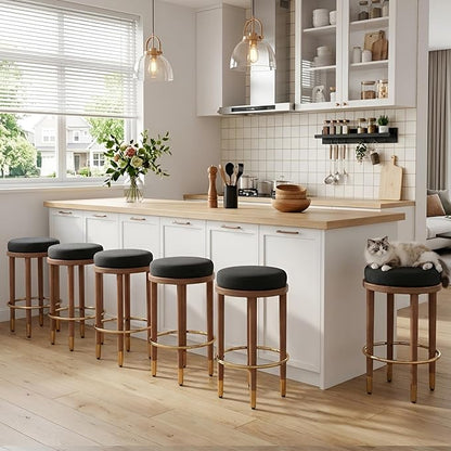 26'' Rustic Backless Bar Stools, Counter Height Chairs Set of 6, Round Kitchen Stools for Island, Farmhouse Charcoal Linen Upholstered Wood With Hardwood Legs and Footrest