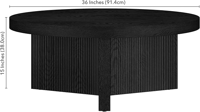 Henn&Hart 36" Fluted Round Low-Profile Coffee Table with Ribbed Pedestal Base for Living Room, Family Room, or Office, Black Grain
