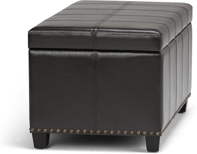 SIMPLIHOME Amelia 33 inch Wide Transitional Rectangle Storage Ottoman Bench in Tanners Brown Vegan Faux Leather, Assembled, For the Living Room, Entryway and Family Room