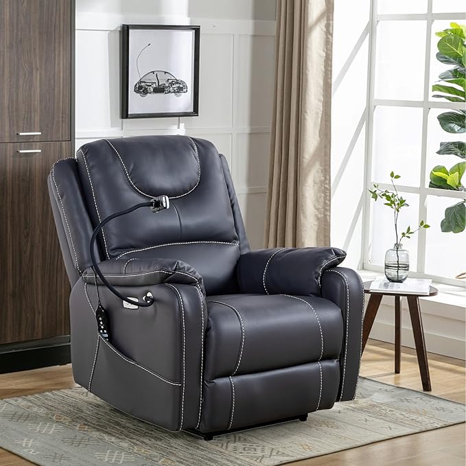 Zero Gravity Power Recliner Chairs for Adults 139°Single Sofa Chair Massage and Lumbar Heating with USB Port, Phone Holder, Side Pocket, Eco Leather(Black)