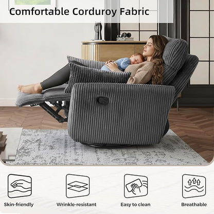 Swivel Recliner Chair for Adults, Corduroy Nursery Glider Rocking Chair, Armchair with 2 Pillows, Comfy High Back Reclining for Small Spaces, Nursery Bedroom Living Room (Corduroy Gray, 1 Pack)