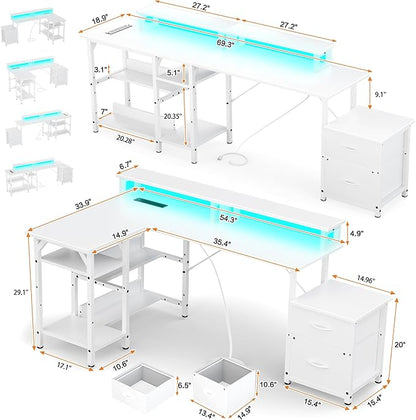 Office Desk L Shape with File Drawers&Power Outlet,YOUNGAR 69.3 Inch Reversible L Shaped Computer Desks,Corner L Shape or Long Desk Set up Monitor Stand &Storage Shelves LED Lights&CPU Stand,All White