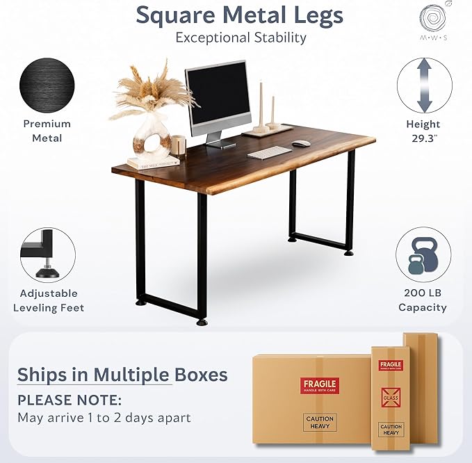 Solid Walnut Wood Computer Desk with Drawer– Live Edge Wooden Home Office Desks with Sturdy Metal Legs – Handmade Real Wood Table for Work, Study, or Gaming - 60” x 27”