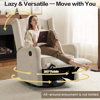 ABAKAN Swivel Rocker Recliner Chair, 360 Degree Nursery Rocking Recliner, Linen Glider Chair with Button Tufted Wingback Chair, for Living Room, Bedroom,Ash Beige