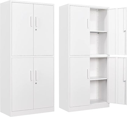 Metal Storage Cabinet with 3 Adjustable Shelves,Garage Storage Cabinet with Lock,White Metal Cabinets with Locking Doors,71" 4 Door Pantry Cabinet,Lockable Cabinets for Home,Office,Garage,Kitchen