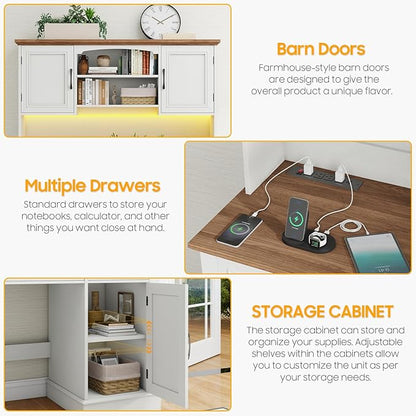 Vabches Farmhouse 47" Executive Desk with Hutch, 2 Drawers and LED Light, Computer Desk with Storage Cabinet and Charging Station,Workstation for Home Office and Study.Unique White