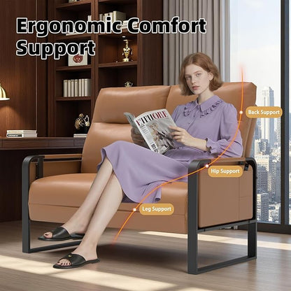 Modern Leather Loveseat, Small Sofa with Side Tray & Pocket, Upholstered Mini Couch for Living Room, Office, Guest Room, Brown