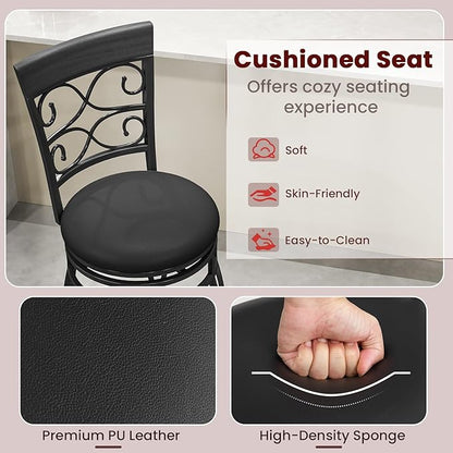 Giantex 30" Swivel Bar Stools Set of 2, Bar Height Bar Stools with Back, Upholstered PU Leather Seat, Footrest, Max Load 330Lbs, Vintage Metal Barstools for Kitchen Island, Dining Room, Pub, Black