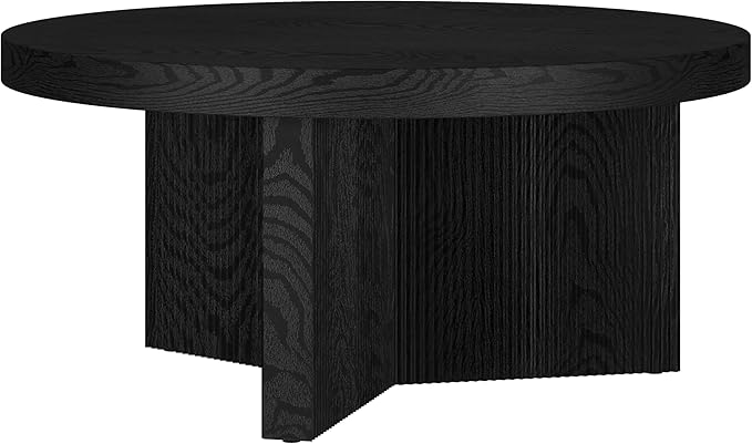 Henn&Hart 32" Fluted Round Low-Profile Coffee Table with Ribbed Pedestal Base for Living Room, Family Room, Office, or Apartment, Black Grain