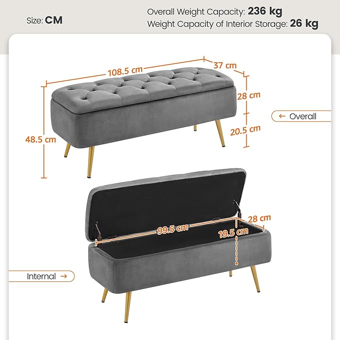 Yaheetech Ottoman with Storage 2pcs, Velvet Entryway Bench with Safety Hinge, Upholstered Bench with Seating for Bedroom, Living Room, Holds up to 519 lb, Gray