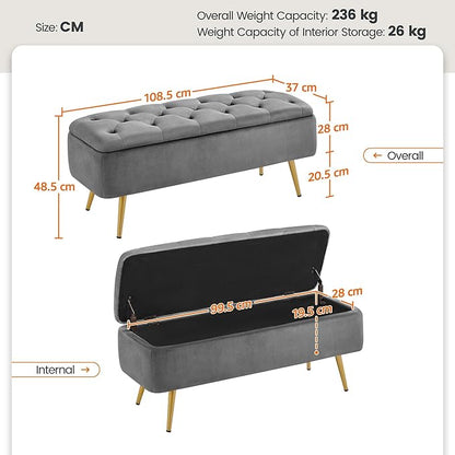 Yaheetech Ottoman with Storage 2pcs, Velvet Entryway Bench with Safety Hinge, Upholstered Bench with Seating for Bedroom, Living Room, Holds up to 519 lb, Gray