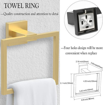 BOZWELL 5 Piece Light Brushed Gold Stainless Steel Towel Bar Set, 23.6 inch Square Bathroom Hardware Accessories Set,Wall Mounted Towel Racks for Bathroom with TP