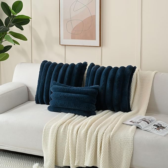 FUTEI Navy Blue Decorative Throw Pillow Covers 12x20 Inch Set of 2, Square Soft Faux Rabbit Fur Thick Striped Lumbar Pillow Case,Winter Home Decor for Couch Bed Living Room