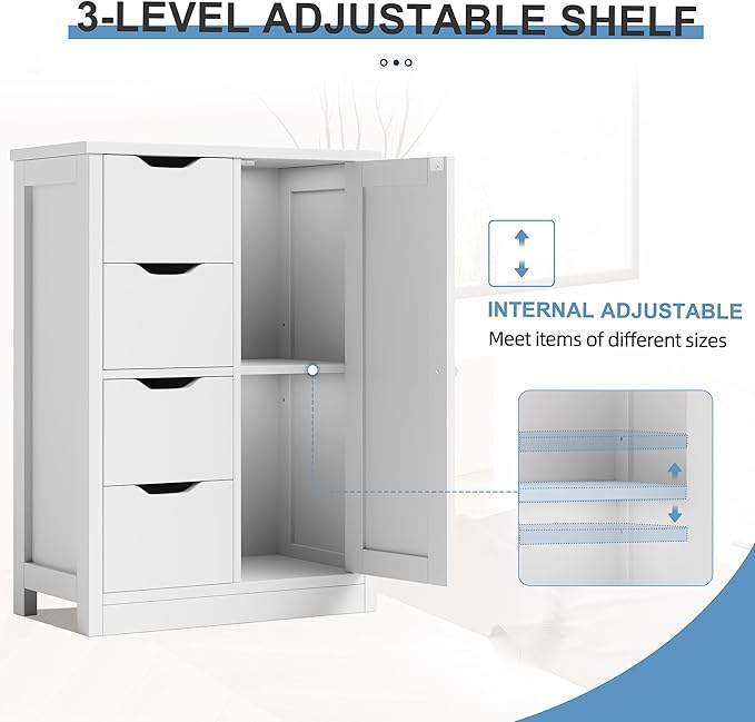 Shintenchi Bathroom Floor Storage Cabinet, Wooden Storage Organizer with 4 Drawers and 1 Cupboard, Freestanding Bathroom Furniture, Home Storage Unit with Adjustable Shelf, White