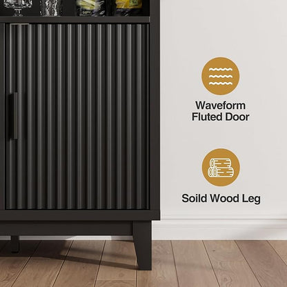 Fluted Buffet Cabinet with Storage, Modern Coffee Bar Cabinet with Outlet, Wine Rack, Cup Holder, Multi-Functional Accent Liquor Cabinet for Living Room, Entryway, Kitchen, Black
