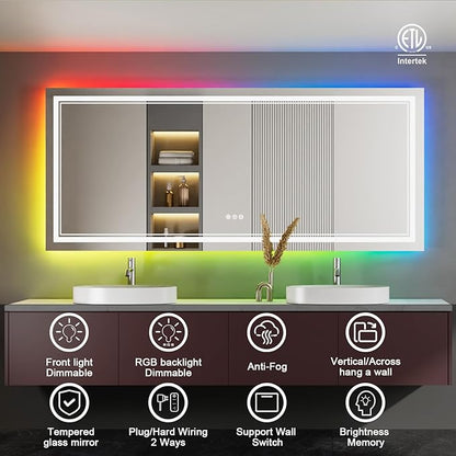 88x38 Inch RGB LED Bathroom Mirror with Lights, Color Changing RGB Backlit LED Mirror for Bathroom,Lighted Vanity Mirrors for Bathroom Wall, Dimmable, Anti-Fog (RGB Backlit+Front-Lit)