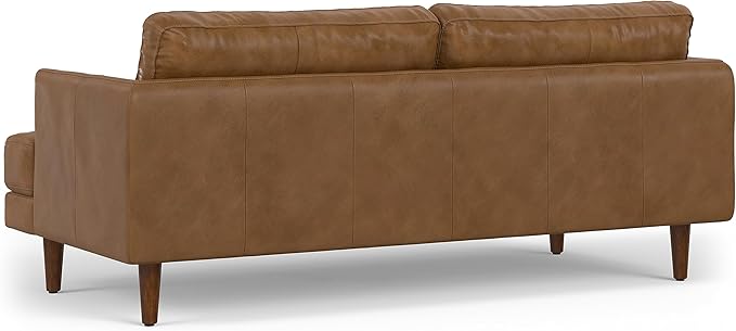 SIMPLIHOME Livingston 76-inch Wide Sofa in Caramel Brown Top Grain Genuine Leather, Handcrafted Mid-Century Modern Loveseat for Living Room, Compact 2-Seater with Feather-Wrapped Cushions