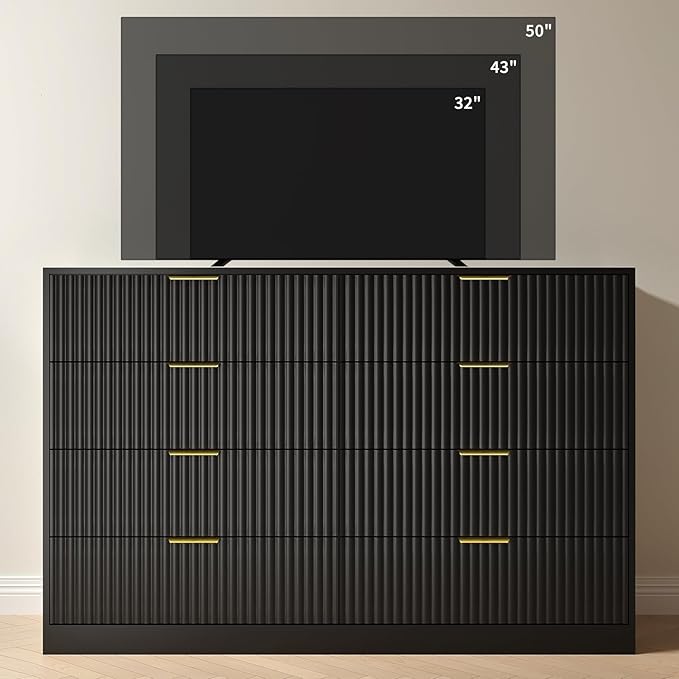 Black Dresser for Bedroom with 8 Drawer, 55” Wide Fluted Double Drawer Dresser Modern Chest of Drawers with Gold Handle, Wood TV Stand for Bedroom, Living Room, Black