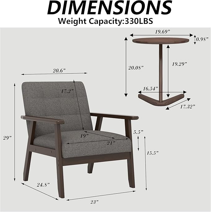 Modern Accent Chair with Wooden Table, Upholstered Linen Fabric Leisure Side Chair with Arm Rest and Wooden Frame for Living Room, Bedroom Reading (Gray)