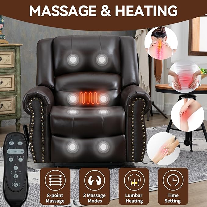 Luxlen Power Lift Recliner Chair for Elderly, Dual Motor Massage Recliner with Lumbar Heat, Heavy Duty Motion Mechanism Lift Chair with Charge Ports, Genuine Leather - Antique Brown