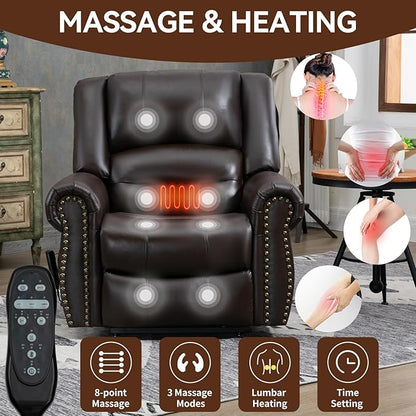 Luxlen Power Lift Recliner Chair for Elderly, Dual Motor Massage Recliner with Lumbar Heat, Heavy Duty Motion Mechanism Lift Chair with Charge Ports, Genuine Leather - Antique Brown