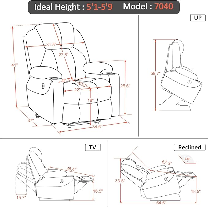 MCombo Power Lift Recliner Chair for Elderly, Lift Chair with Heat and Massage, USB&Type C Ports, Extended Footrest, Cup Holders, Fabric 7040 (Medium, Carmine Red)
