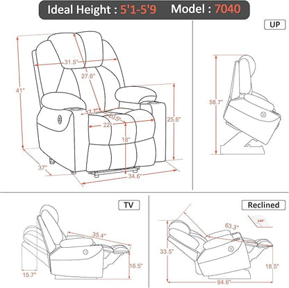 MCombo Power Lift Recliner Chair for Elderly, Lift Chair with Heat and Massage, USB&Type C Ports, Extended Footrest, Cup Holders, Fabric 7040 (Medium, Carmine Red)