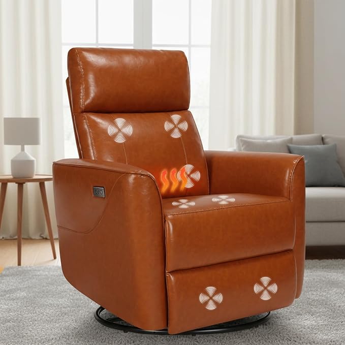 Himimi Power Recliner Chair, Swivel Recliner Chair for Adults, Glider Recliner Nursery Chair with Massage and Heat, Faux Leather, Side Pocket, USB Charging, Living Room, Bedroom, Orange-Brown