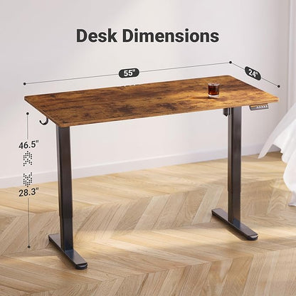 Claiks Electric Standing Desk, Adjustable Height Stand up Desk, 55x24 Inches Sit Stand Home Office Desk with Splice Board, Black Frame/Rustic Brown Top