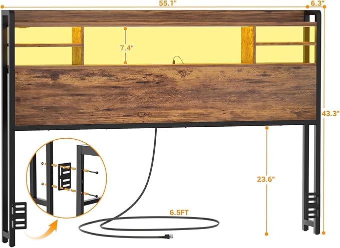 Aheaplus Headboard for Full Size Bed with Storage, Headboards with LED Light, Power Outlets, USB Ports Full Size Head Board, Wood headboard Only Sturdy and Stable Headboards, Modern, Rustic Brown