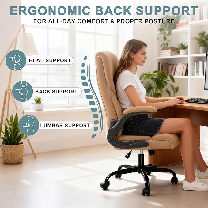 Executive Office Chair, High Back Ergonomic Comfy Desk Chair with Padded Flip-up Armrests and Wheels, PU Leather Heavy Duty Computer Swivel Rolling Task Chair for Home Office, Adults, Khaki