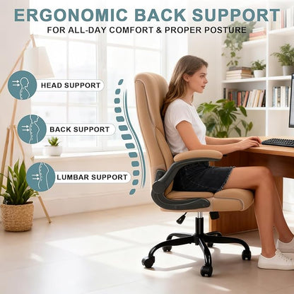 Executive Office Chair, High Back Ergonomic Comfy Desk Chair with Padded Flip-up Armrests and Wheels, PU Leather Heavy Duty Computer Swivel Rolling Task Chair for Home Office, Adults, Khaki