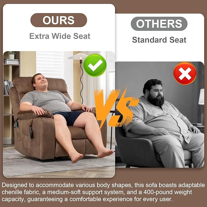 Oversized Lift Recliner Chairs for Elderly, 26in Extra Wide Power Chair with Massaga and Heating, Large Electric Lay Flat Recliners Sofa for Big and Tall Adult Lounging, Velvet Brown