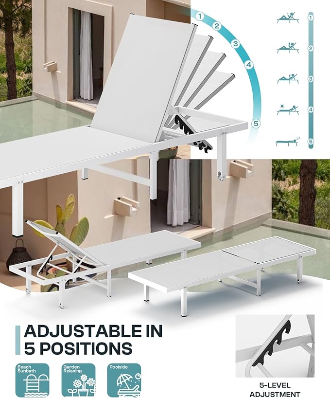 Pool Lounge Chairs, Chaise Lounge Outdoor with Wheels and 5-Position Recliner -Easy to Move- Aluminum Patio Lounge Chair for Poolside, Deck (White)