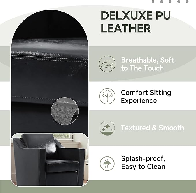 UIXE Faux Leather Swivel Accent Chair, Upholstered Arm Chair for Living Room, Modern Club Armchair Comfy Single Sofa Bedroom Reading Seat with Lumbar Pillow - Black