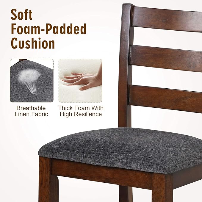 COSTWAY Set of 4 Counter Height Bar Stool, 25.5-Inch Upholstered Bar Stools with Solid Rubber Wood Frame, Foam-Padded Cushion, Footrest, Kitchen Chair for Bistro, Living Room, Grey and Brown