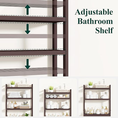 Smiry Over The Toilet Storage Cabinet, 4-Tier Bamboo Bathroom Organizers with Adjustable Shelf & 4 Hooks, Space Saving Shelf Rack for Bathrooms, Laundry Room, Balcony, Brown